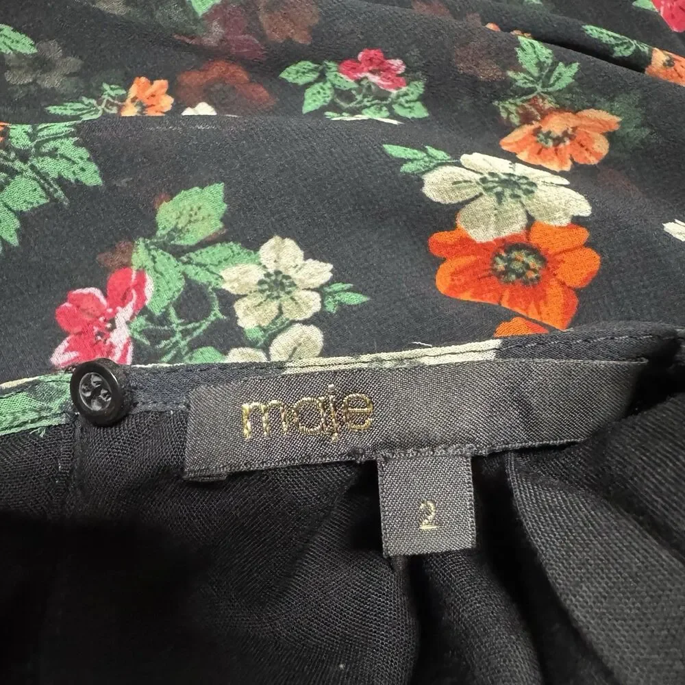 Maje Rancho Ruffle Dress 2 Black Floral Chiffon Midi Whimsigoth Cottagecore - Picture 8 of 10